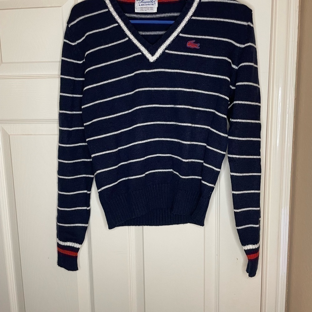 Vintage Women LACOSTE V-Neck Sweater Navy w/White Stripes & Red Crocodile 36/ Sm - Picture 8 of 10